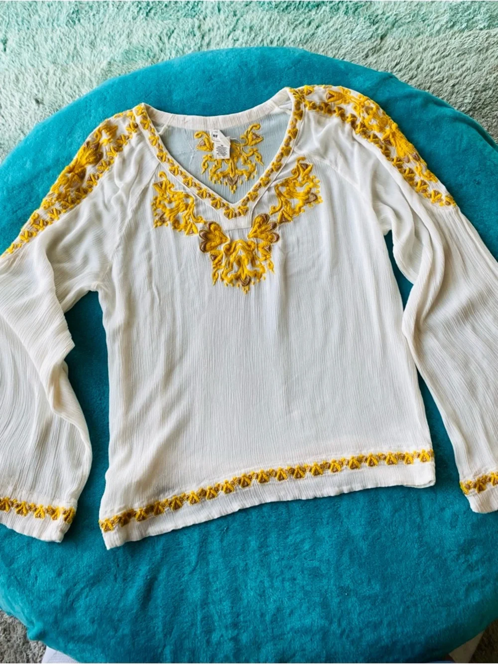 For The Republic White V-Neck Tunic with Yellow Embroidery